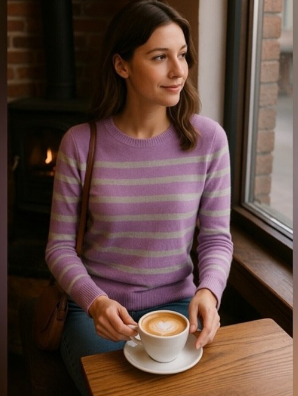 Talbots 100% Cashmere Purple Gray Striped Crewneck Sweater Size L